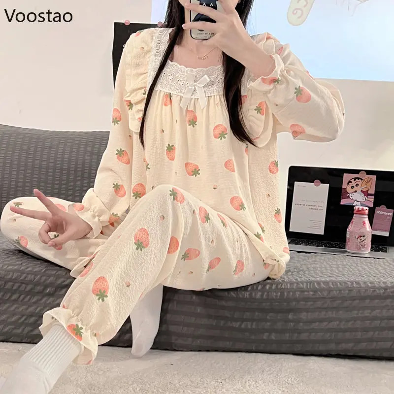 Spring Autumn Sweet Lolita Pajamas Suit Women Kawaii Lace Bow Strawberry Print Long Sleeve Tops Pants 2 Piece Set Girl Sleepwear