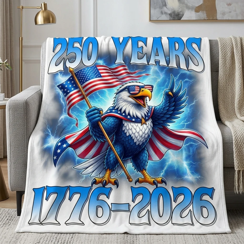 1PC American Independence Day Superhero Eagle with Flag Thick Flannel Blanket, Soft Warm Portable Throw, Great Gift for Boy Girl