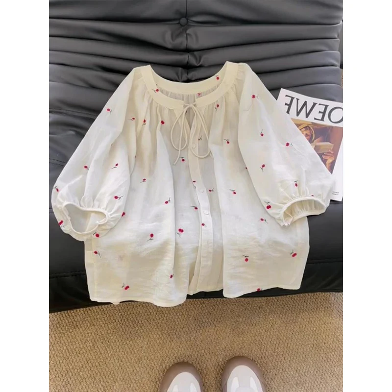 

Korean Sweet Knot Tie Cherry Print Sun Protection Shirt Women Summer Thin Air Conditioner Cover up Top Loose Fit Bu...