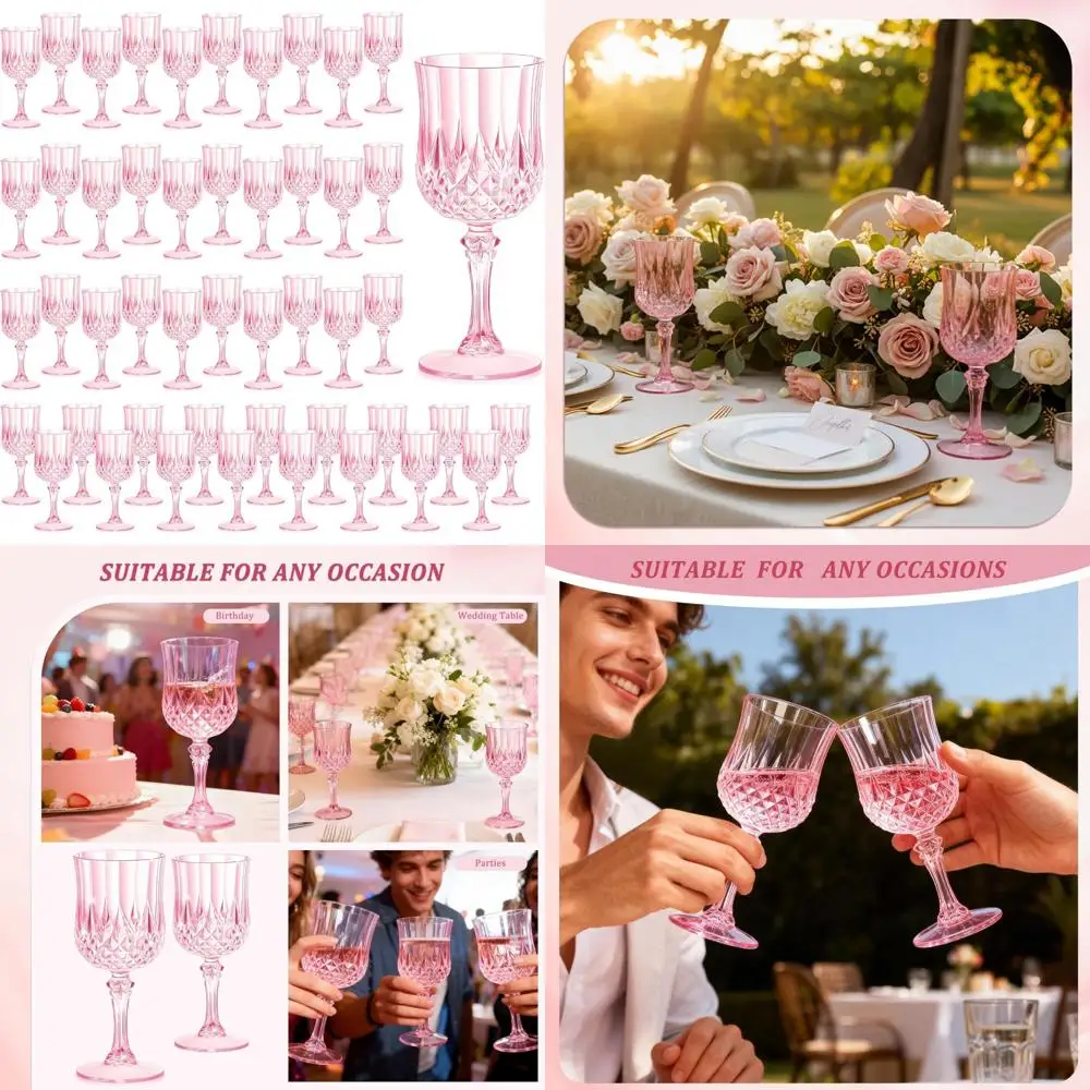 

48PCS 7OZ Pink Wine Plastic Glasses, Drinking Champagne Glasses Flutes Crystal Vintage Water Unbreakable Goblets for Wedding, Pa