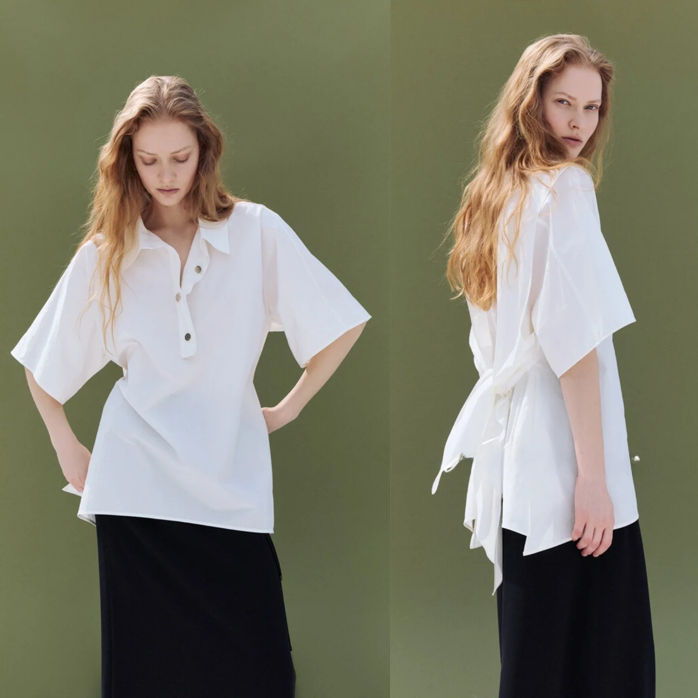 

Pure Cotton Back Tie Shirt Elastic Waist Design Free Adjustable Commute Versatile Top Women's Loose Fit Shirt Korean Style