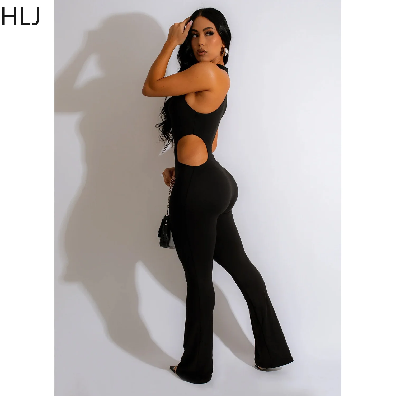 HLJ-monos ajustados con cuello Halter ahuecado para mujer, traje liso sin mangas, de una pieza, Sexy, para fiesta y Club