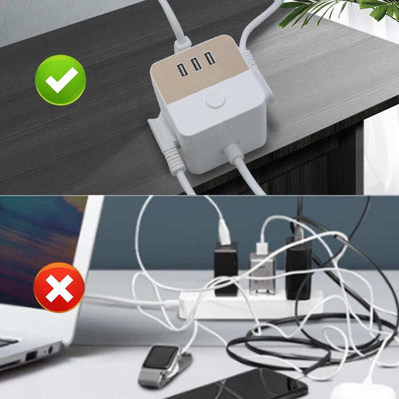 EU Cube Extension Cord Power Socket, Multi-Outlet Power Strip with 3 AC Outlets and 3 USB, with Switch 1.5m Cable for Home Offic