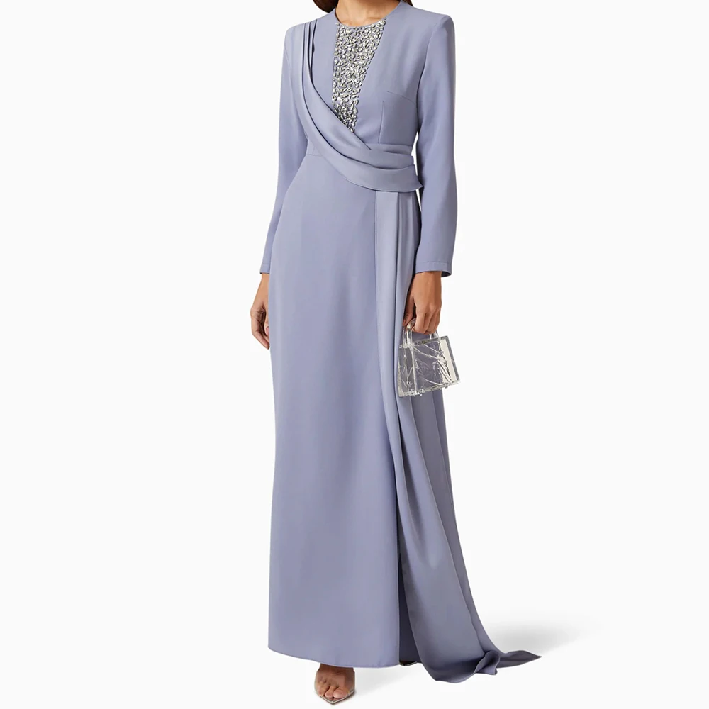 

Women's A-line Evening Dresses Floor-length O-neck Full Sleeve Prom Gown Fashion Crystal Pleat Simple Draped Customized Gowns
