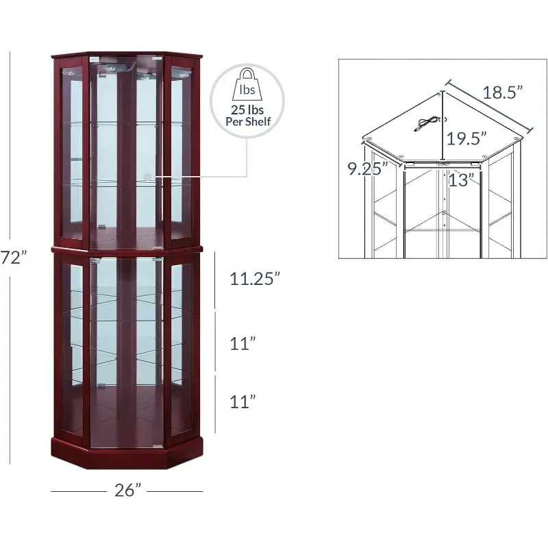 Illuminated corner display curio cabinet with tempered glass doors, curved wooden shelving cabinet with 6 shelves