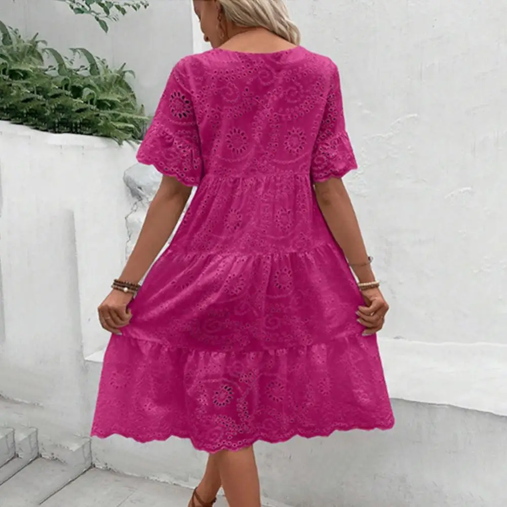 Big Swing Embroidery Sundress Short Horn Sleeves Embroidery Hollow Out Midi Dress Elegant And Sweet Style Solid Color Dresses