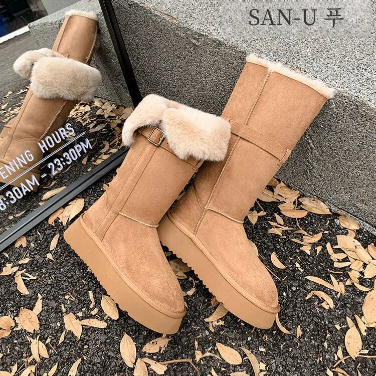 Sanfu Platform Hose Snow Boots Women 2024 New Winter Fleece-lined Thick Warm Boots  Tube Furry Cotton-padded Shoes