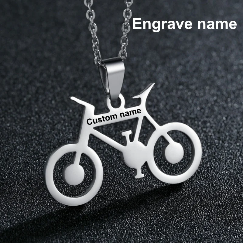 Custom Name Logo Bicycle Necklace Engrave Stainless Steel Bike Necklace Women Trendy Party Jewelry Sports Cyclists Lover Gift