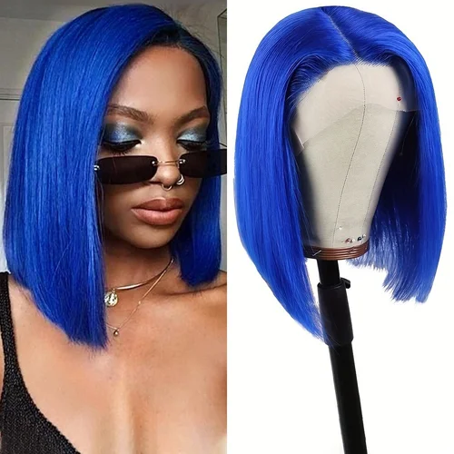 Imagen 2 del producto Peluca Bob recta azul marino de cabello humano brasileño prearrancada 13x4 HD pelucas frontales de encaje pelucas Bob de color liso de hueso 200 de densidad