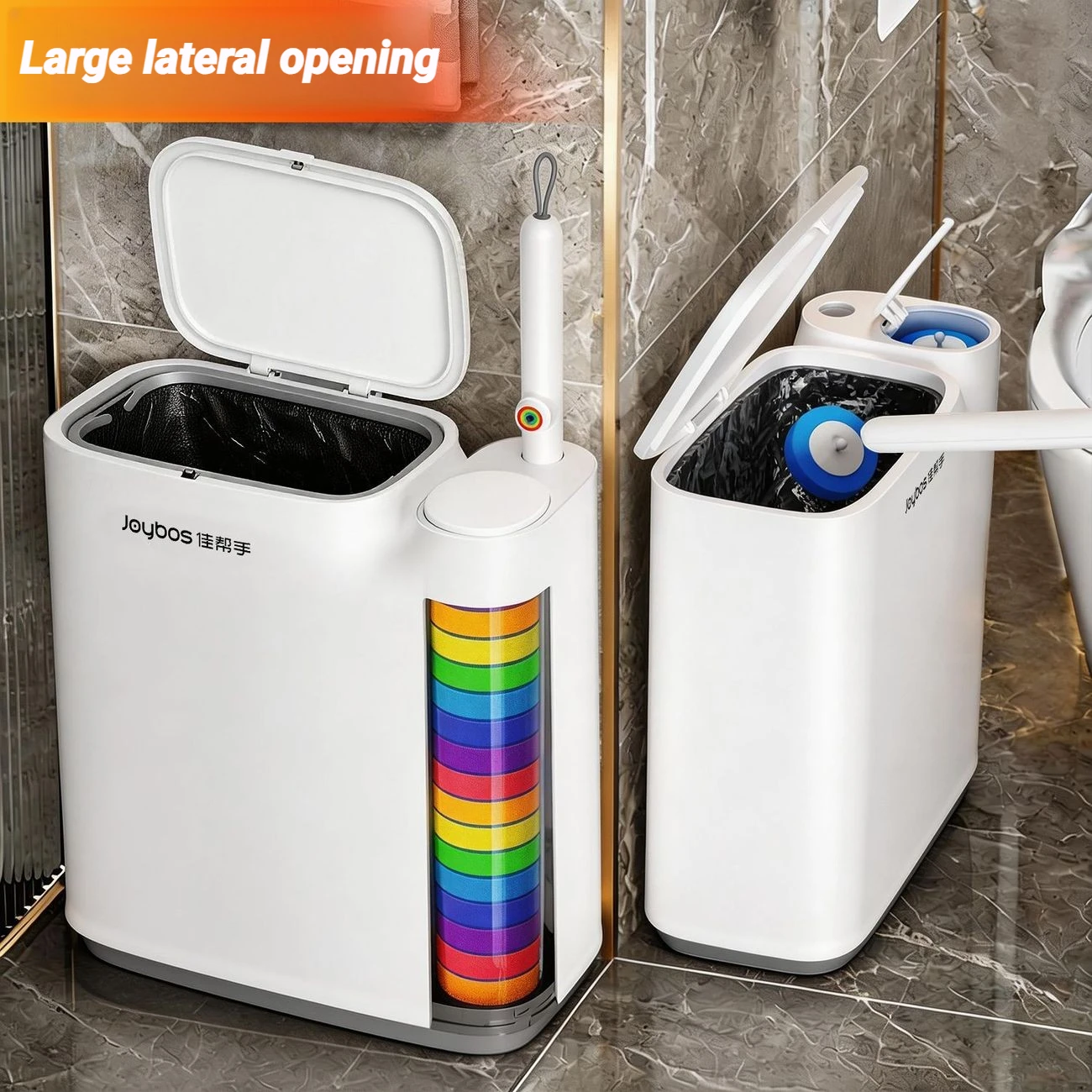 4-in-1 Toilet Brush Narrow Trash Can Set Auto-Open Lid With Brush Holder Disposable Sponge Heads Bathroom Bin Slim Dustbin