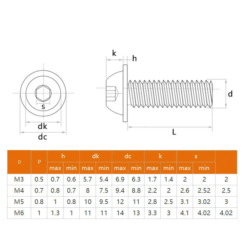 304 Stainless Steel Hex Socket Flange Button Head Screws M3 M4 M5 M6 M8 M10 Integrated Washer Pan Head Bolts