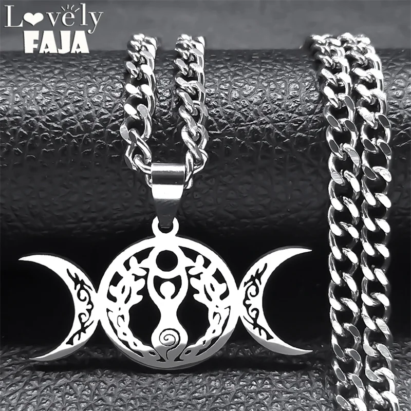 Wicca Triple Moon Hollow Necklace for Women Men Stainless Steel Silver Color Triple Goddess Pendant Necklaces Jewelry N9736S03