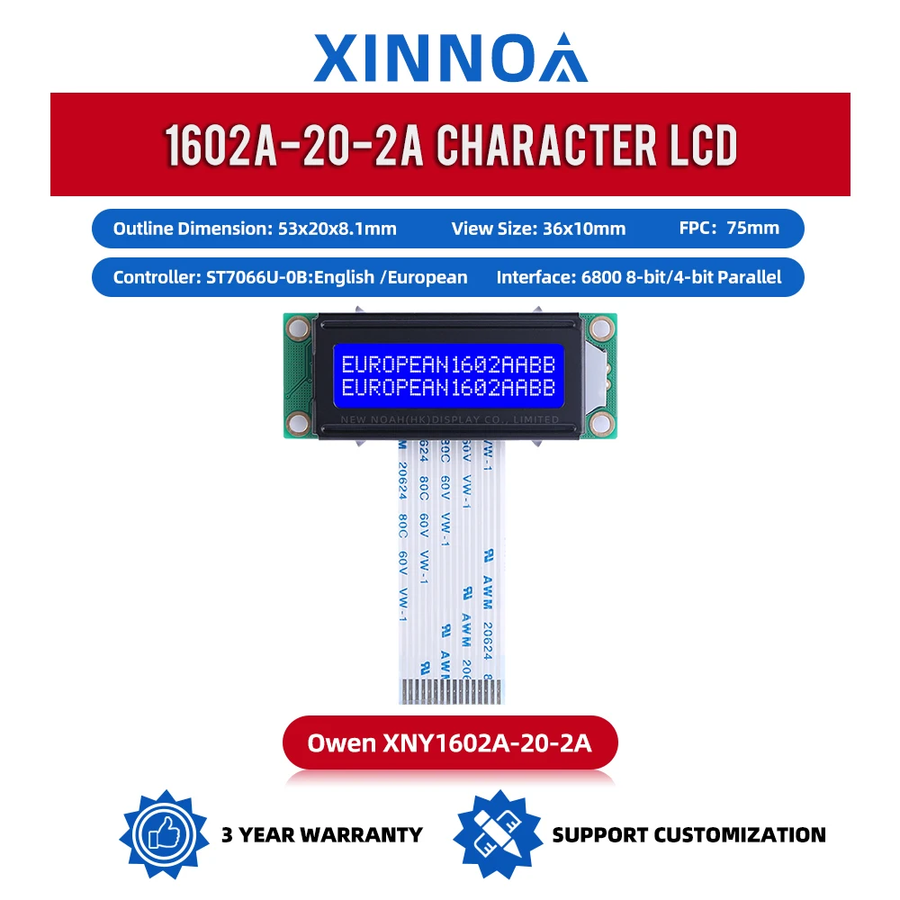 European Blue Film White Letters 1602A-20-2A Liquid Crystal Display 02X16 LCD FPC75MM 1.5 Inches ST7066U 2*16 Monochrome Screen