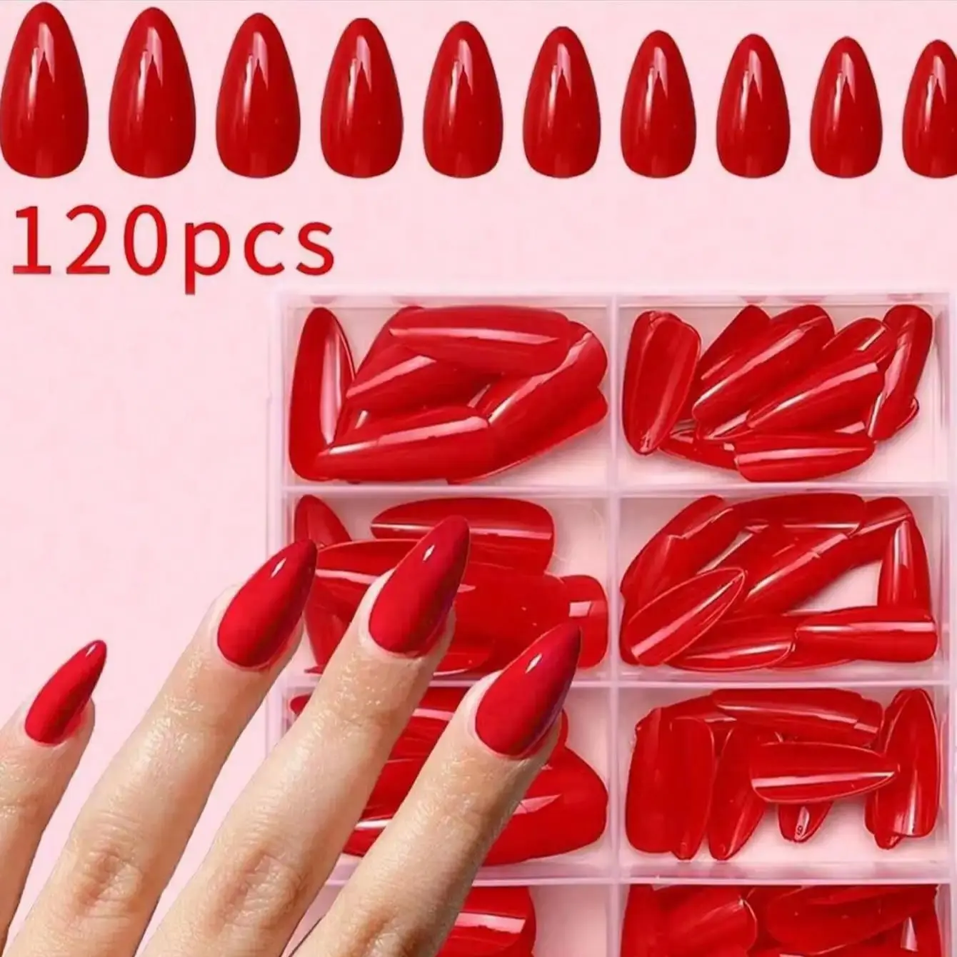 120pcs-box Long red  Almond Fake nails Suitable For Girl Mother Women Gift And Nails Supplies&DIY &WholesaleAnd Daily Wear