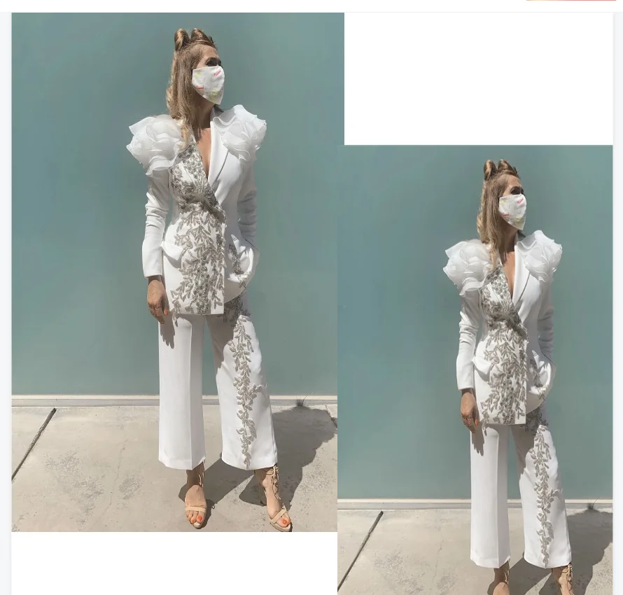 

White Crystals Women Suit Pants Set 2 Piece Blazer+Trousers Luxury Formal Office Lady Jacket Customized Wedding Guest Prom Coat