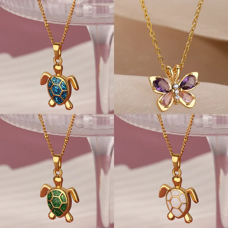 Collier pendentif tortue colorée pour femmes, collier à breloques de plage d'été, chaîne de perles, mignon collier de bijoux en acier inoxydable