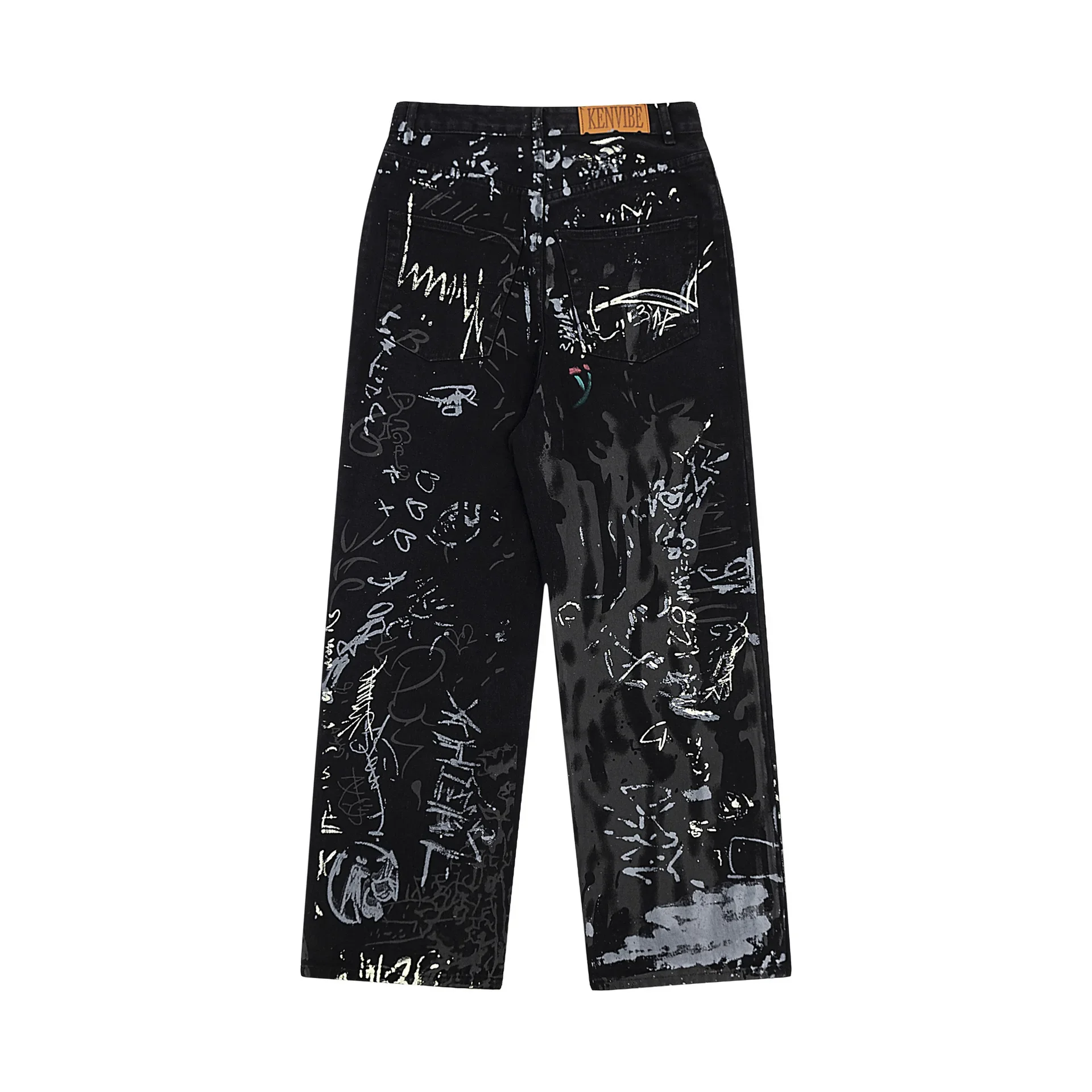 High Street American Style Graffiti Letter Print Niche Jeans For Men Women Loose-fit Wide-leg Straight-leg Long Pants