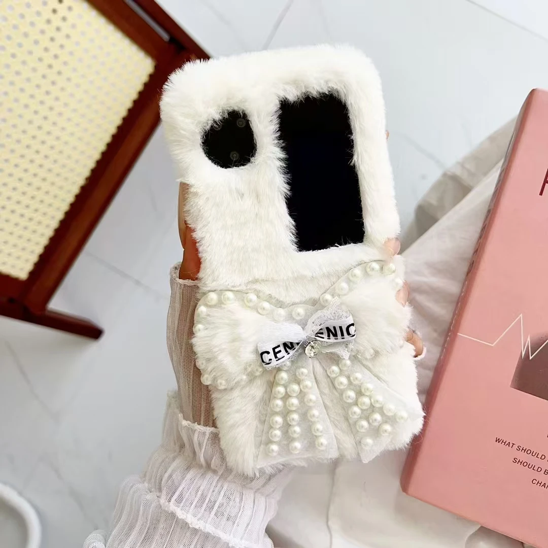 Unique Fashion Cute Pearl Bow Soft Fur Puff Phone Case Cover For Oppo Find N2 N3 Flip