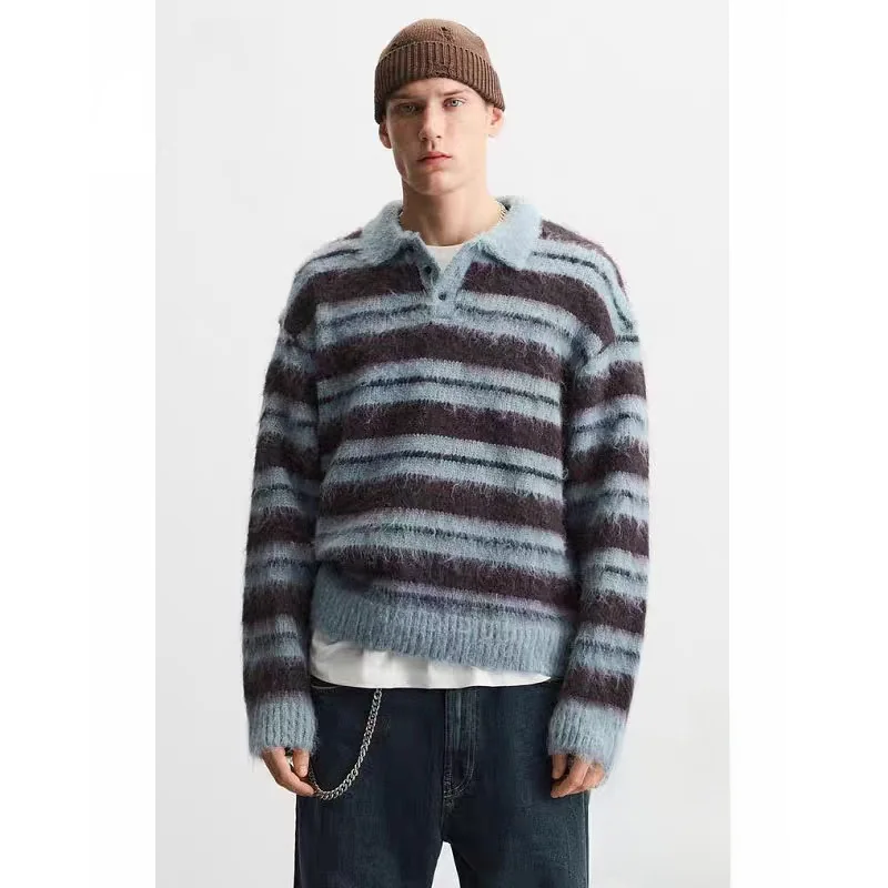 

Spring Autumn Men's Knitted Fce irt Casual Long Sve Turn-down Collar Sweater Comfortable Breathable Warm Polyester