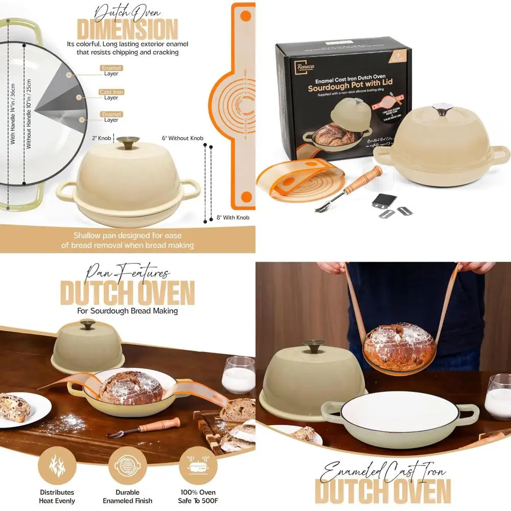 

6-Quart White Enamel Dutch Oven with Lid - Ideal for Sourdough Bread Baking, Includes 5-Blade Lame and Silicone Sling