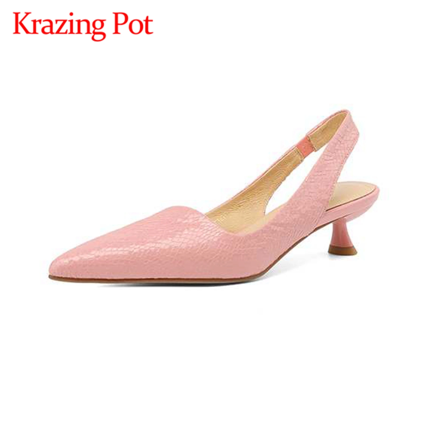 Krazing Pot Full Grain Leather Pointed Toe Stiletto Med Heels Slip On Slingback Patterns Leather Ventilate Sweet Sandals Women