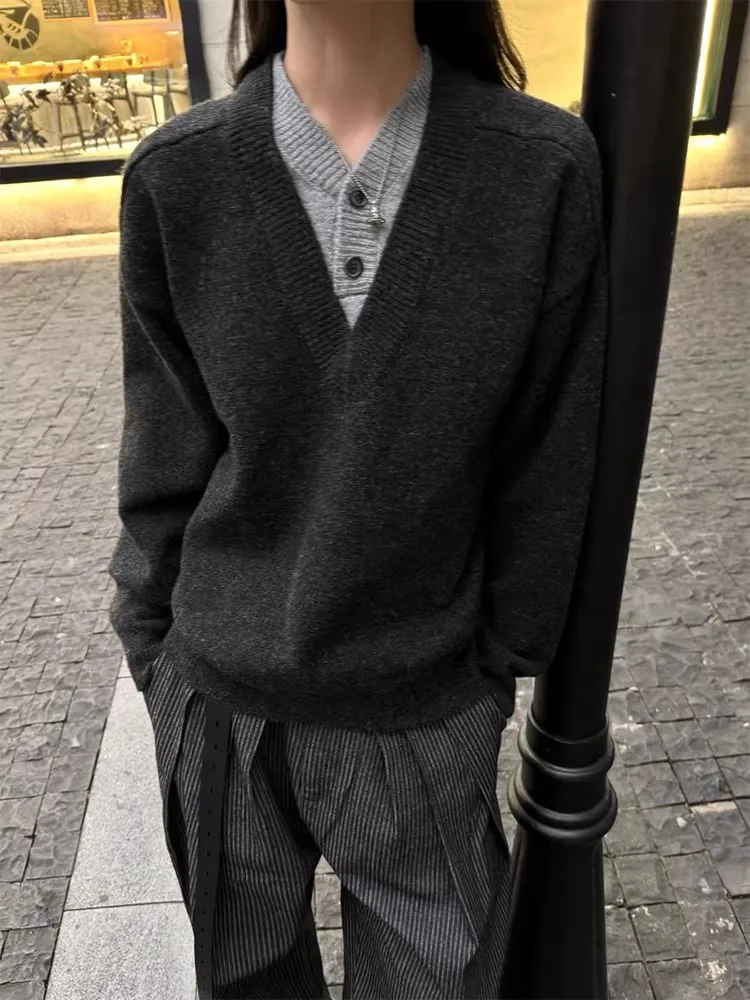 

Deep ey V-Ne Knitted Sweater Men's Winter Casual High-End Feeling Fake Two-Piece Wool Blend Base Layer irt Cleanfit