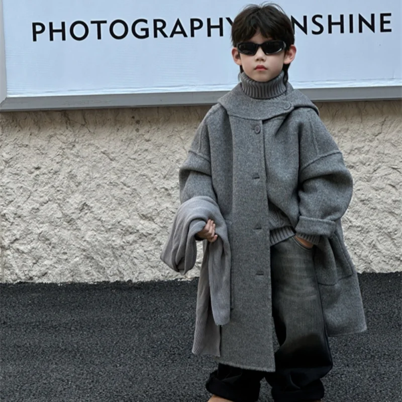 

Boys' woolen coat 2025 new boys' winter cashmere thickened coat Woolen Dazhong children Korean version of Ocean Tide