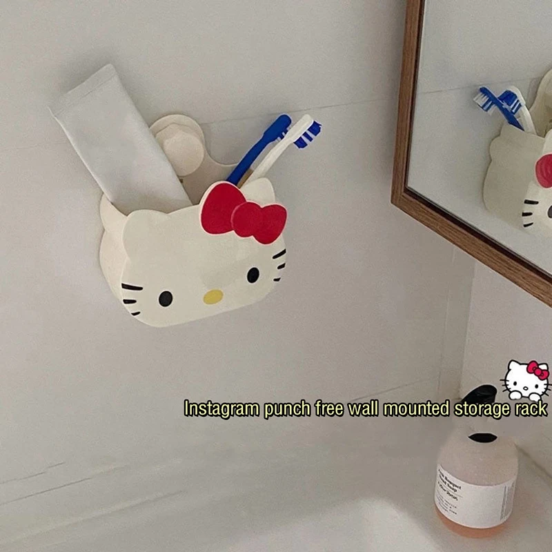 Hello Kitty Bathroom Shelf Cartoon Cute Children'S Toothbrush Holder Wall Mounted Toilet Household Minimalist Shelf No Punching