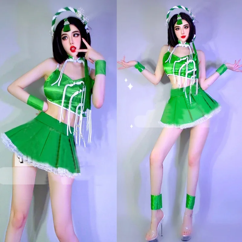 

Bar Nightclub Dj Ds Gogo Dancer Costume Women'S Party Jazz Clothing Green Top Skirt Stage Festival Outfit Rave Wear XS6548