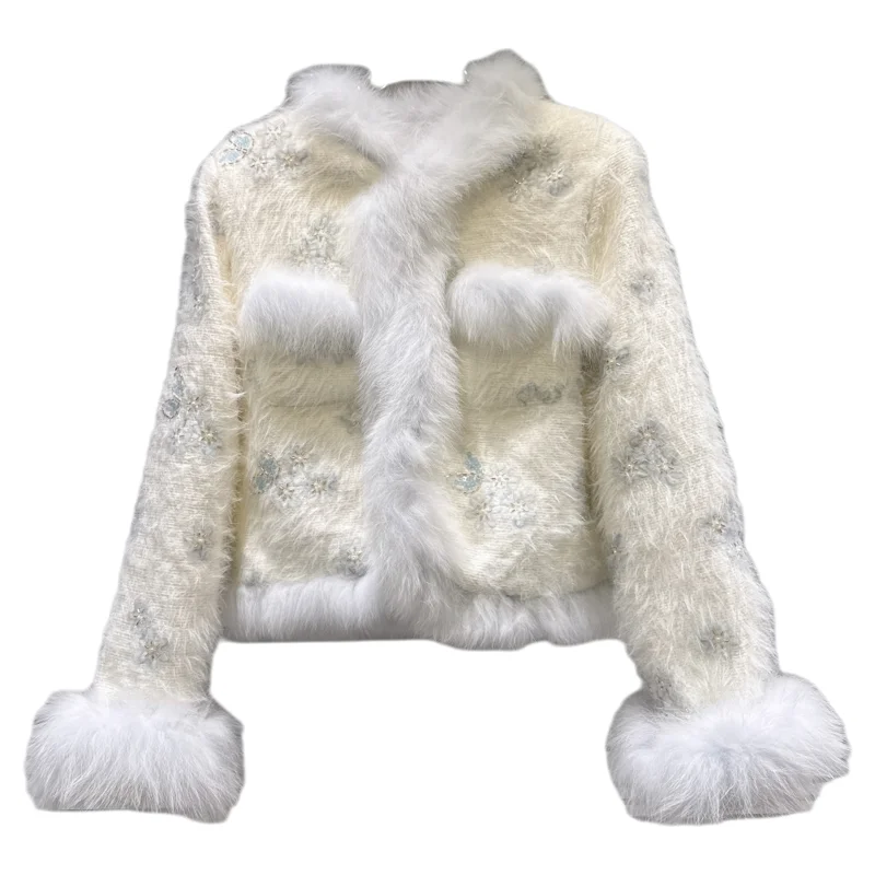 2025 شتاء جديد نمط Noblewoman الثعلب الفراء تقليم الترتر التطريز أفخم أسفل معطف قصير ، السيدات عالية الخصر سترة بيضاء #6