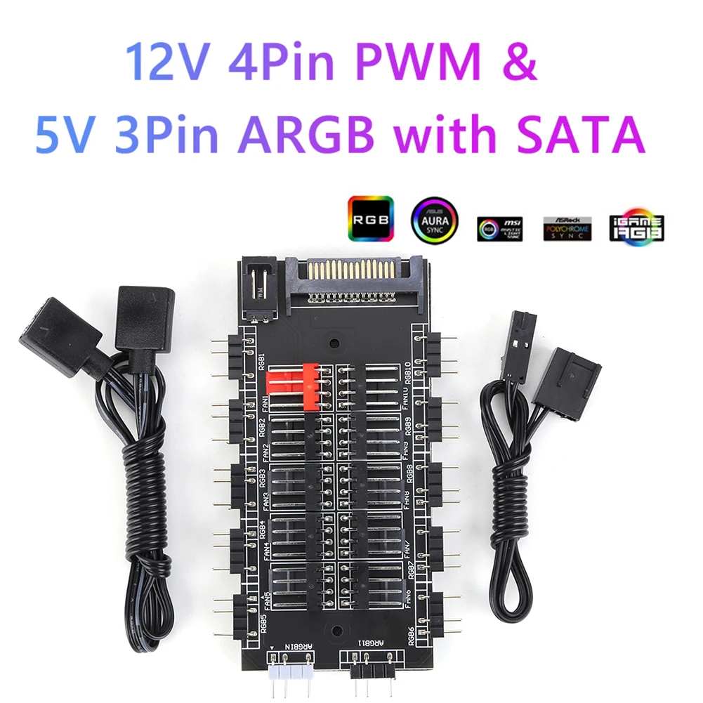 2 in 1 Cooling Fan Hub 5V 3PIN ARGB SATA Power Splitter Adapter HUB 12V 4PIN PWM Computer Accessories 10 Way for PC Chassis Case