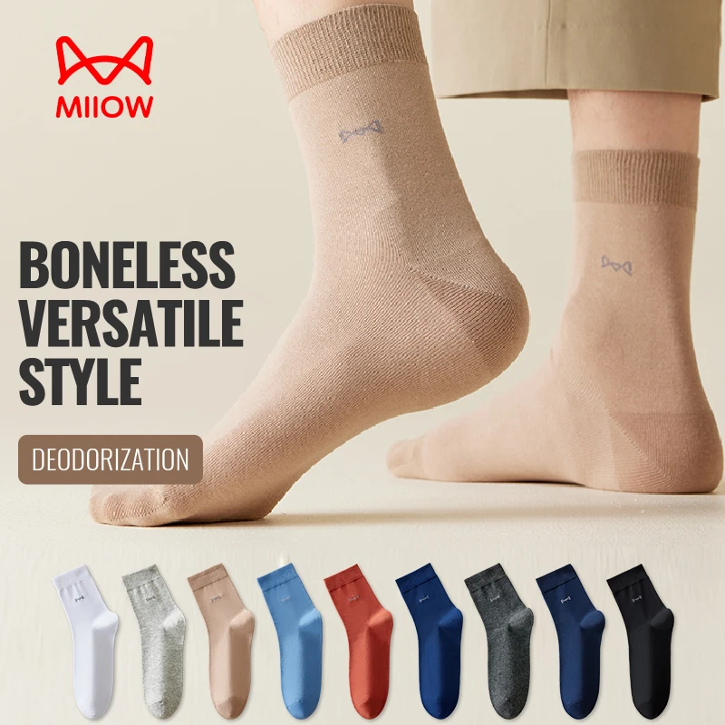 

MiiOW 100% Pure Cotton Socks Men Business Dress Crew Sock Black White Antibacterial Anti Odor Long Socks Breathable Sport Sock