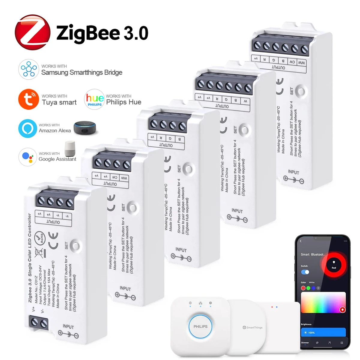 Zigbee 3.0 inteligentny domowy kontroler Led RGB, przełącznik Wi-Fi dla 5050/2835 Neon COB Led ściemniacz taśmowy, ściemnialny kontroler taśm LED RGBCCT