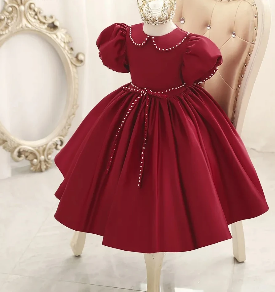 

2025 Flower Girl Vintage Dress Children Formal Red Ball Gown Kid Lace Long Evening Wedding Party EidBridesmaid Prom Dresses for