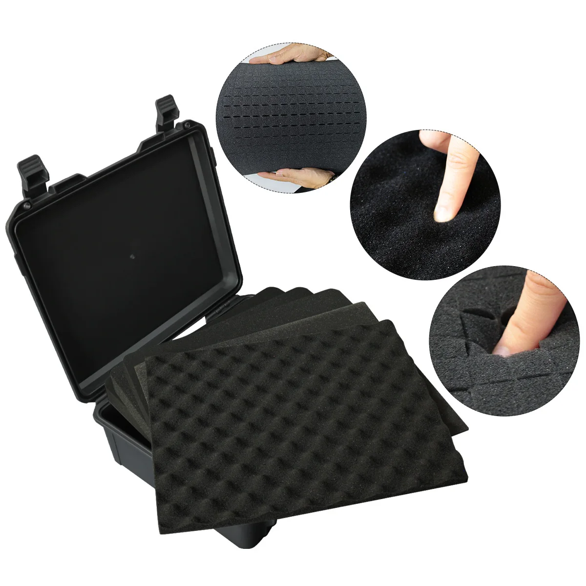 Valigia per fotocamera/strumenti nera impermeabile e resistente, interno in schiuma personalizzabile, portatile, custodia sicura, custodia resistente agli urti