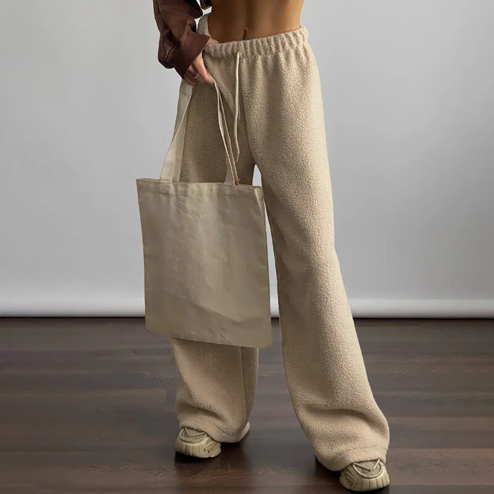 

Temperament Office Lady Loose Straight Leg Pants Women's Lamb Wool Wide Leg Pants Autumn Winter New Warm Fashion Casual