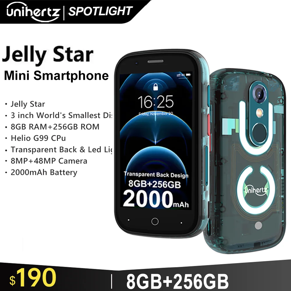 Unihertz Jelly Star Android 13 8GB 256GB Led Light Unlocked Transparent Backshell 48MP 3 inch 2000mAh