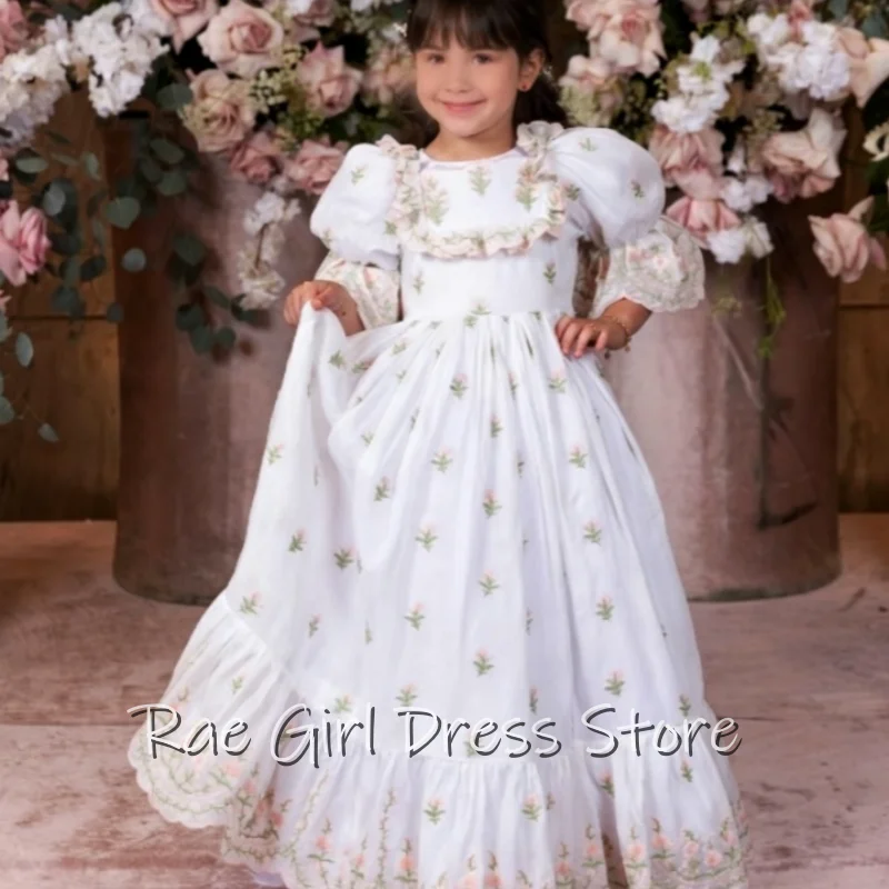 Customized White Floral Print Flower Girl Dress For Wedding Birthday First Communion A Line Floor Length Gown Puff Sleeves