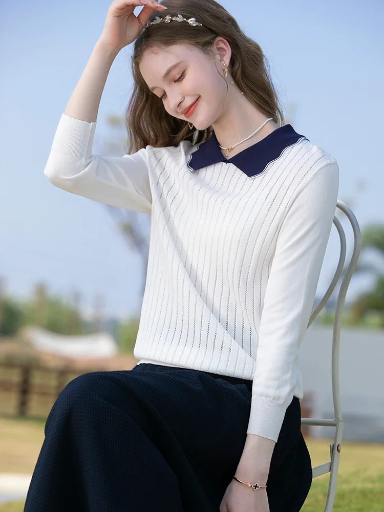 I BELIEVE YOU Blouse Womens 2023 Spring French Gentle Doll Collar Knitted T-shirts for Women Pullover Long Sleeve Top 2231144883