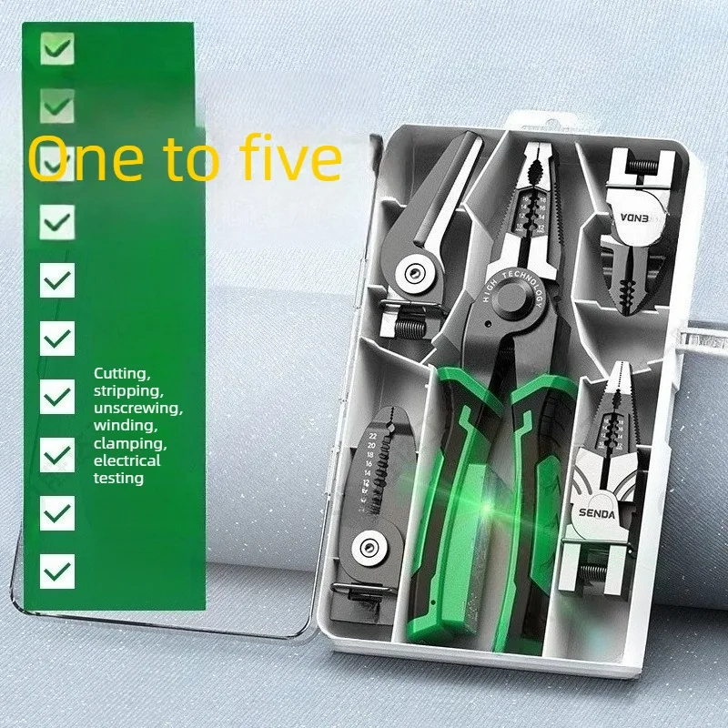 DGEV Professional 5-in-1 Multi-Function Heavy-Duty Tool Set, Including a Durable Dual-Colored PVC Handle Pliers,