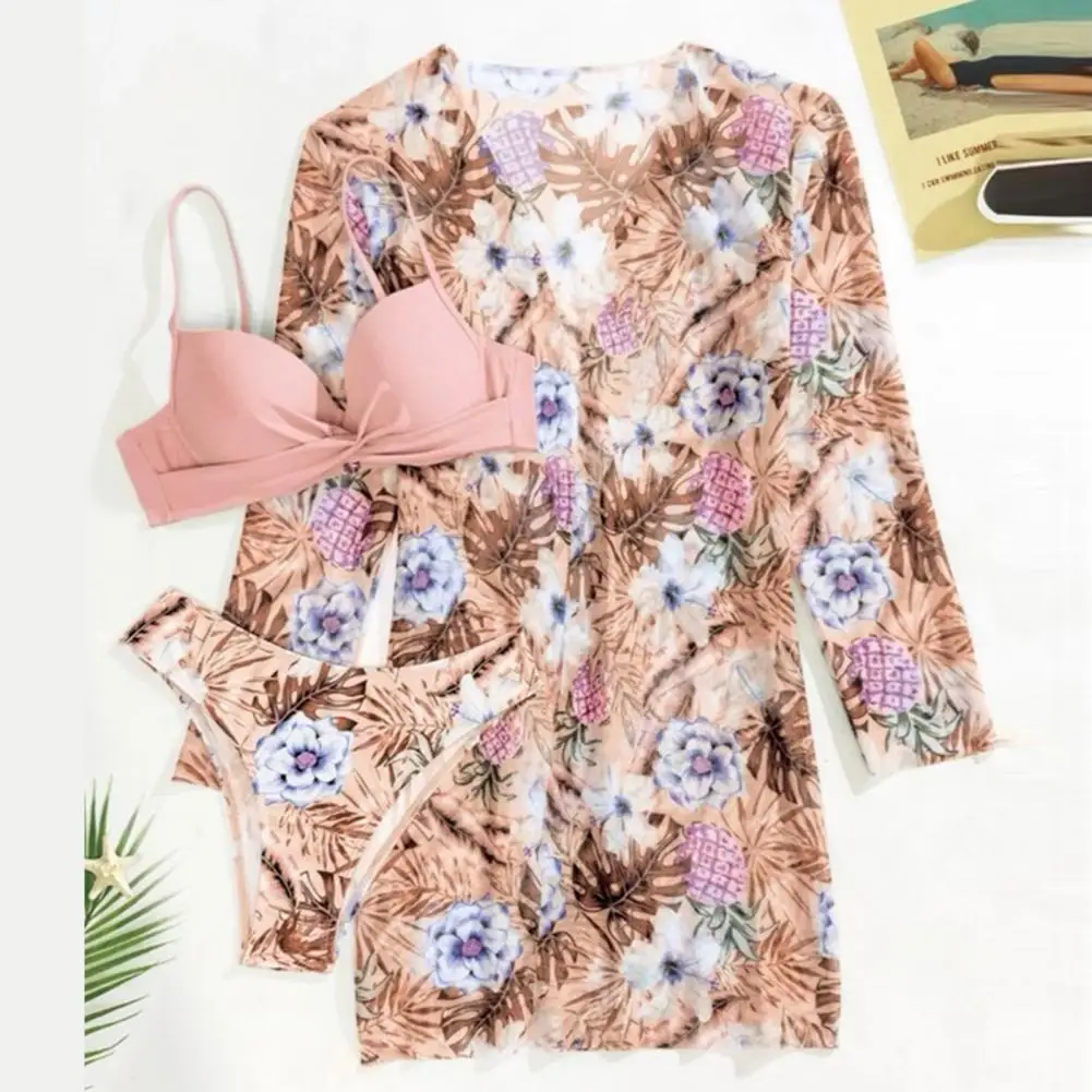 Swimsuit Set Floral Print Bikini Set with Cover-up High Waist Swimming Long Sleeve Push Up Swimsuit for Women Summer Beachwear