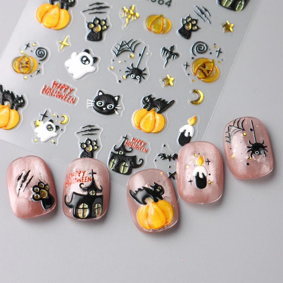2 SZT. Czarne Koty Złote Dynie Naklejki na Paznokcie Pajęczyna Cięcie Duch Halloweenowe Slidery Śmieszny Design Horror DIY Dekoracja Manicure