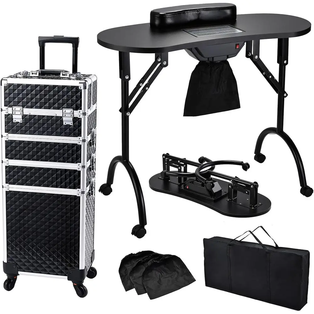 Portable Nail Table with Dust Collector & 4-in-1 Rolling Makeup Case for Mobile Stylists & Nail Artists in Black