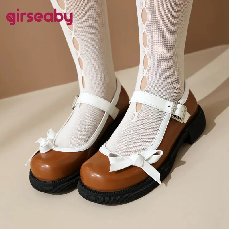 

Girseaby Mary Janes Туфли-лодочки для девочек с круглым носком и блочным каблуком с пряжкой и ремешком и бантом, большой размер 42, 43, милые повседневные женские мягкие туфли на весну