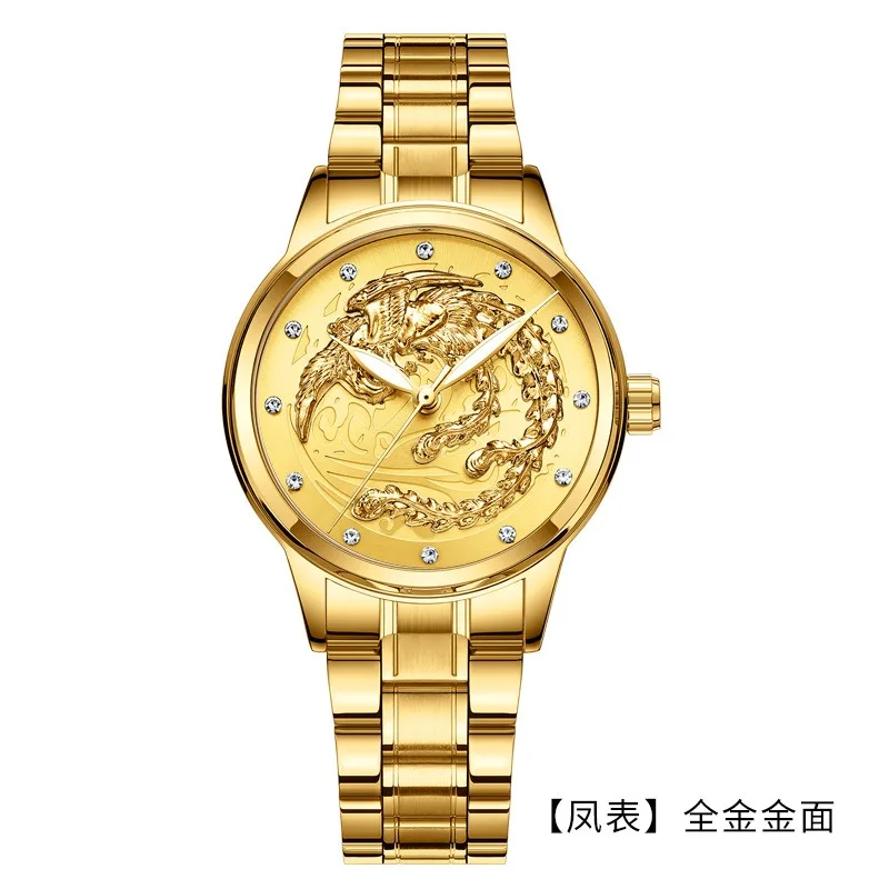 Couple Luxury Full Gold Clock Big Dial Dragon Phoenix Waterproof Men Women Luminous Calendar Date Round Quartz Watches