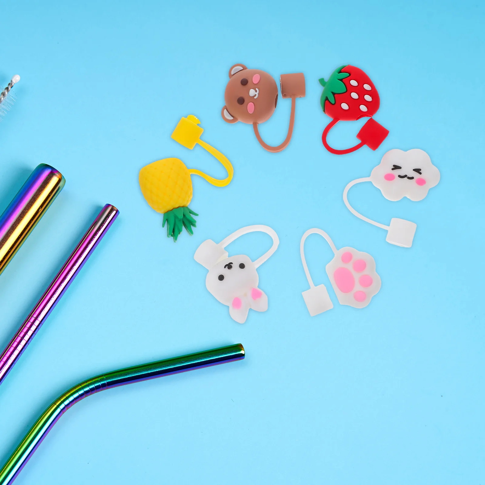 

6 Pcs Cartoon Straw Hat Cute Animal Toppers Cup Covers Lovely Reusable Silicone Pointy