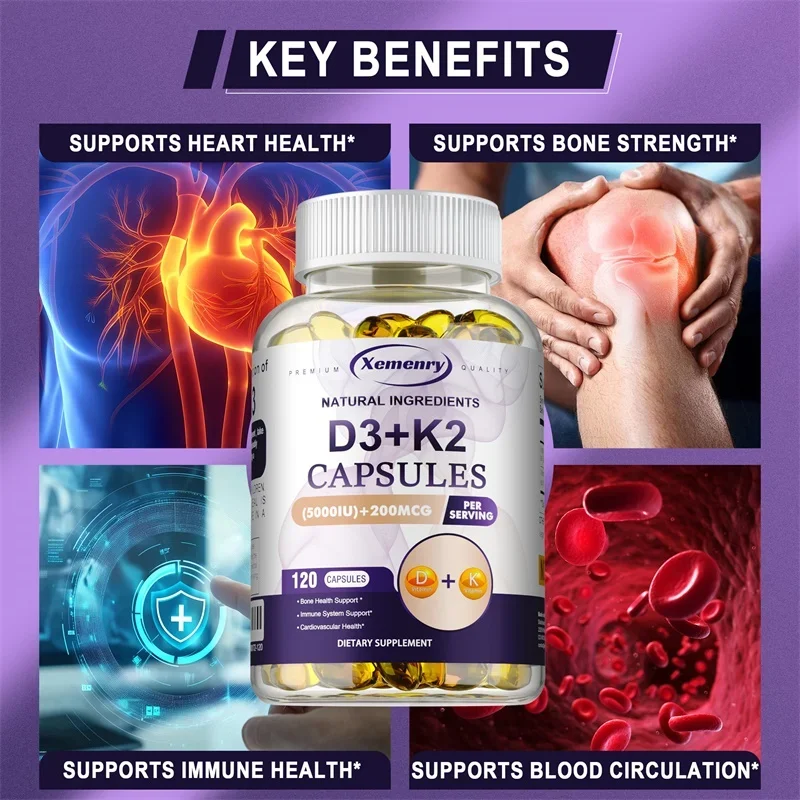 Vitamin D3+K2 Capsules - Supports Heart, Bone and Immune Health, Promotes Blood Circulation and Improves Sleep Quality