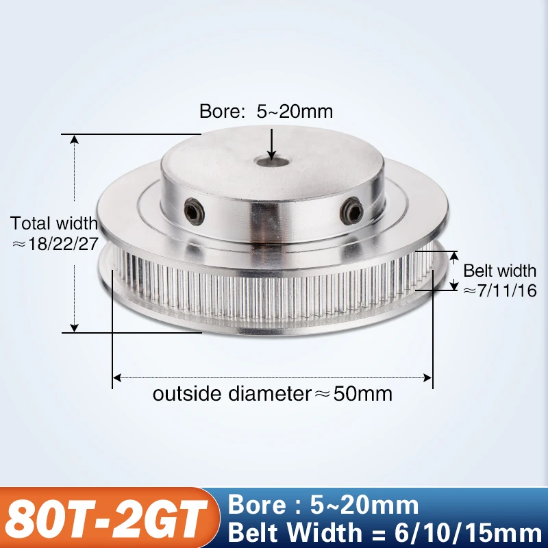 Polea síncrona de 80 dientes, 2M, 2GT, diámetro de 5/6/6, 35/ 8/10/12mm para ancho de 6mm, 2GT correa de distribución, GT2, 80 dientes, 80 T