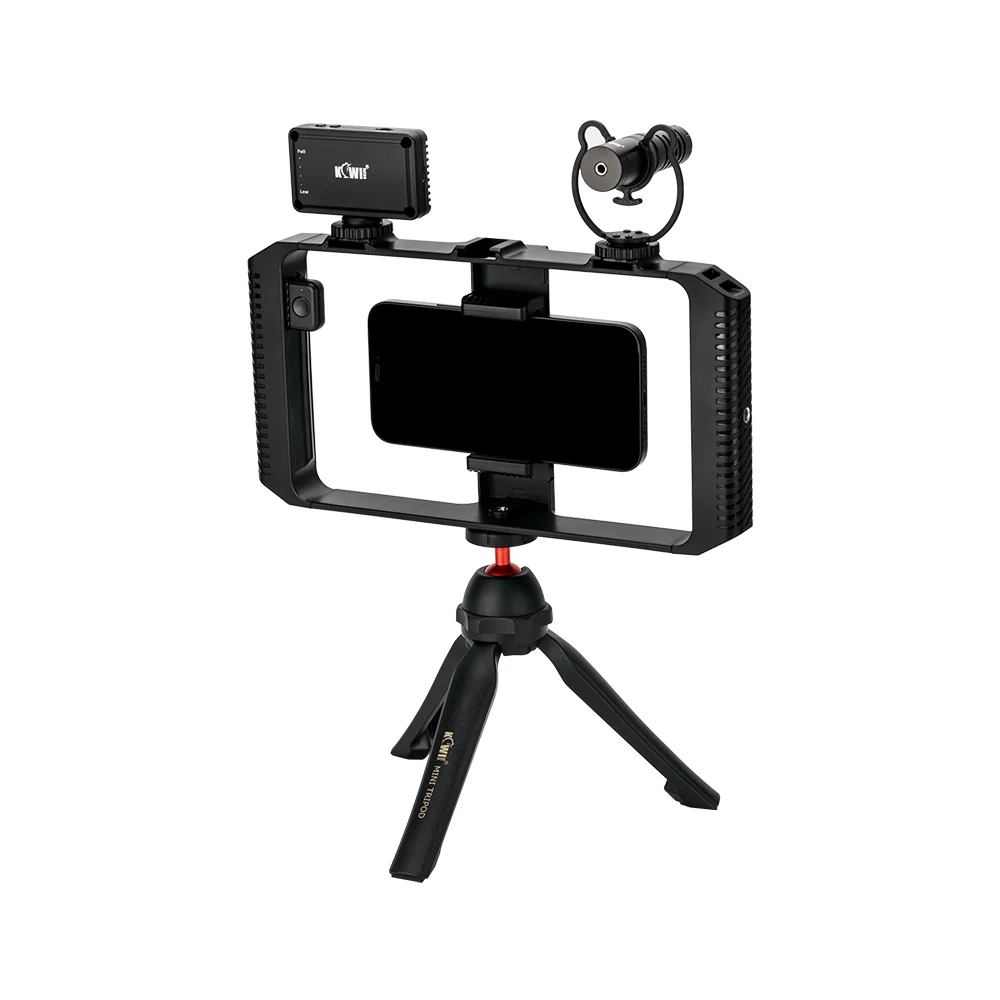 สมาร์ทโฟนวิดีโอ Rig Kit, KIWI สมาร์ทโฟนวิดีโอ Grip พร้อมไมโครโฟน & แฟลชวิดีโอ & ขาตั้งกล้องเล็กๆสำหรับ IPhones และโทรศัพท์ส่วนใหญ่