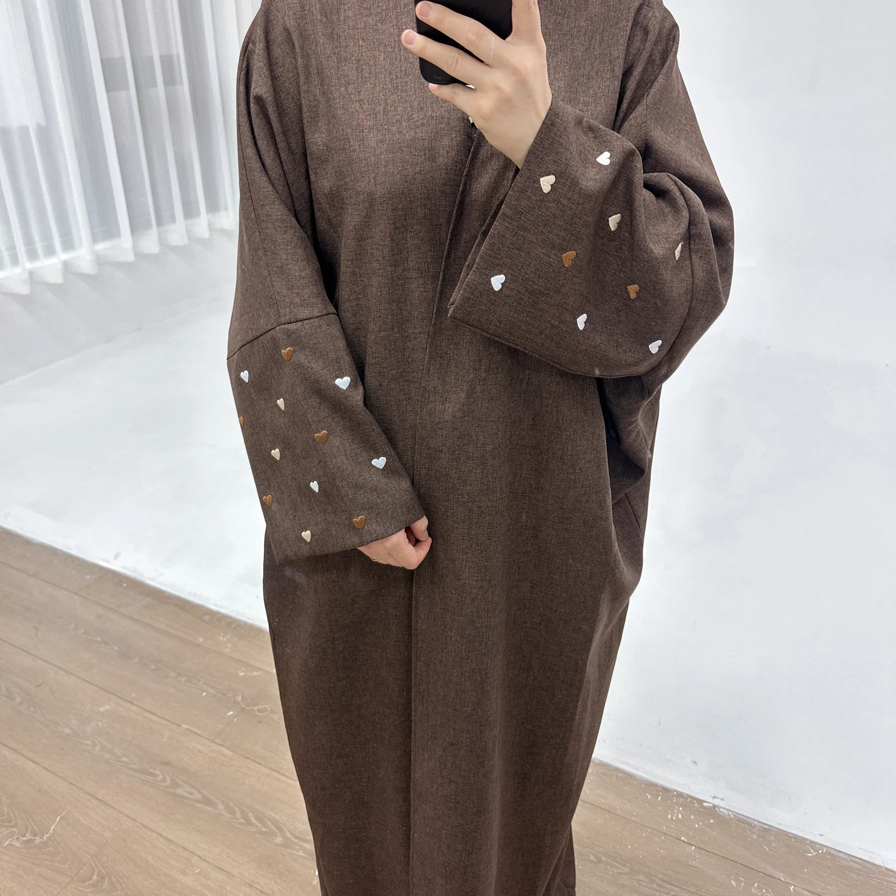 Women Heart Embroidery Open Kimono Abaya Turkey Long Maxi Dress Islamic Kaftan Robes Ramadan Gown Clothing Dubai Femme Musulmane